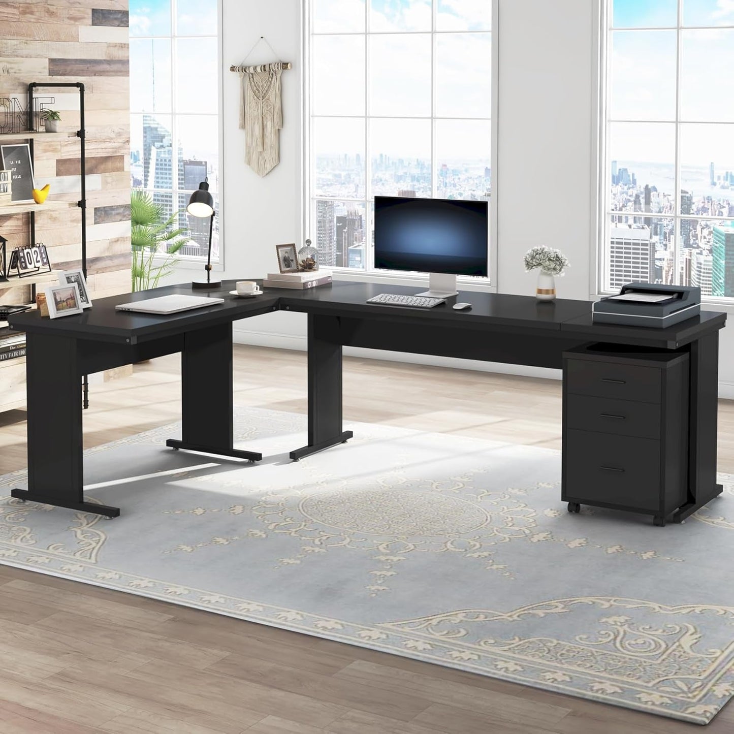 83" L-Shaped Executive Desk, Large Office Desk with 3-Drawer Mobile File Cabinet, Industrial Computer Desk with Storage Drawers, Business Furniture Table Workstation for Home Office (Black)-2