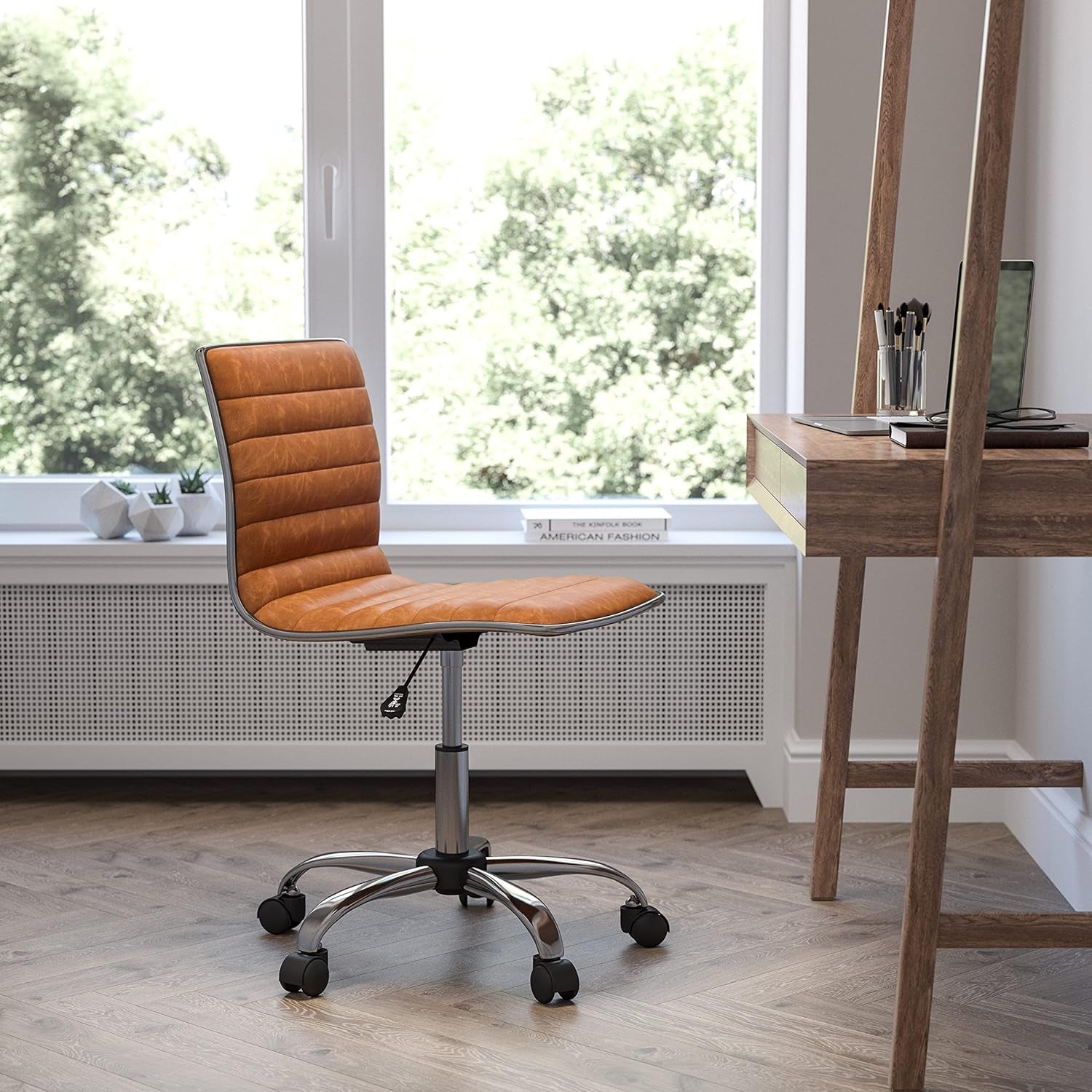 Alan Office Task Chair - Brown Vinyl - Chrome Frame - Armless - Ribbed Back and Seat - Low Back Design-1