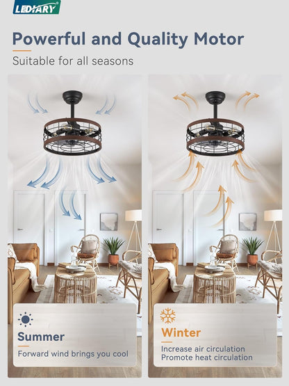 16.5In Caged Ceiling Fan with Light, Bladeless Industrial Ceiling Fan with Remote, Rustic Metal Fan Lights Ceiling Fixtures for Kitchen, Farmhouse, Bedroom（6 Speed,1/2/4/8H Timing）-Walnut-2