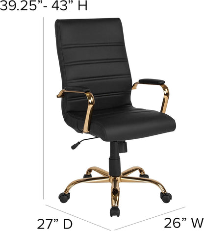 Whitney High-Back Swivel Leathersoft Desk Chair with Padded Seat and Armrests, Adjustable Height Padded Office Chair, Black/Gold-2