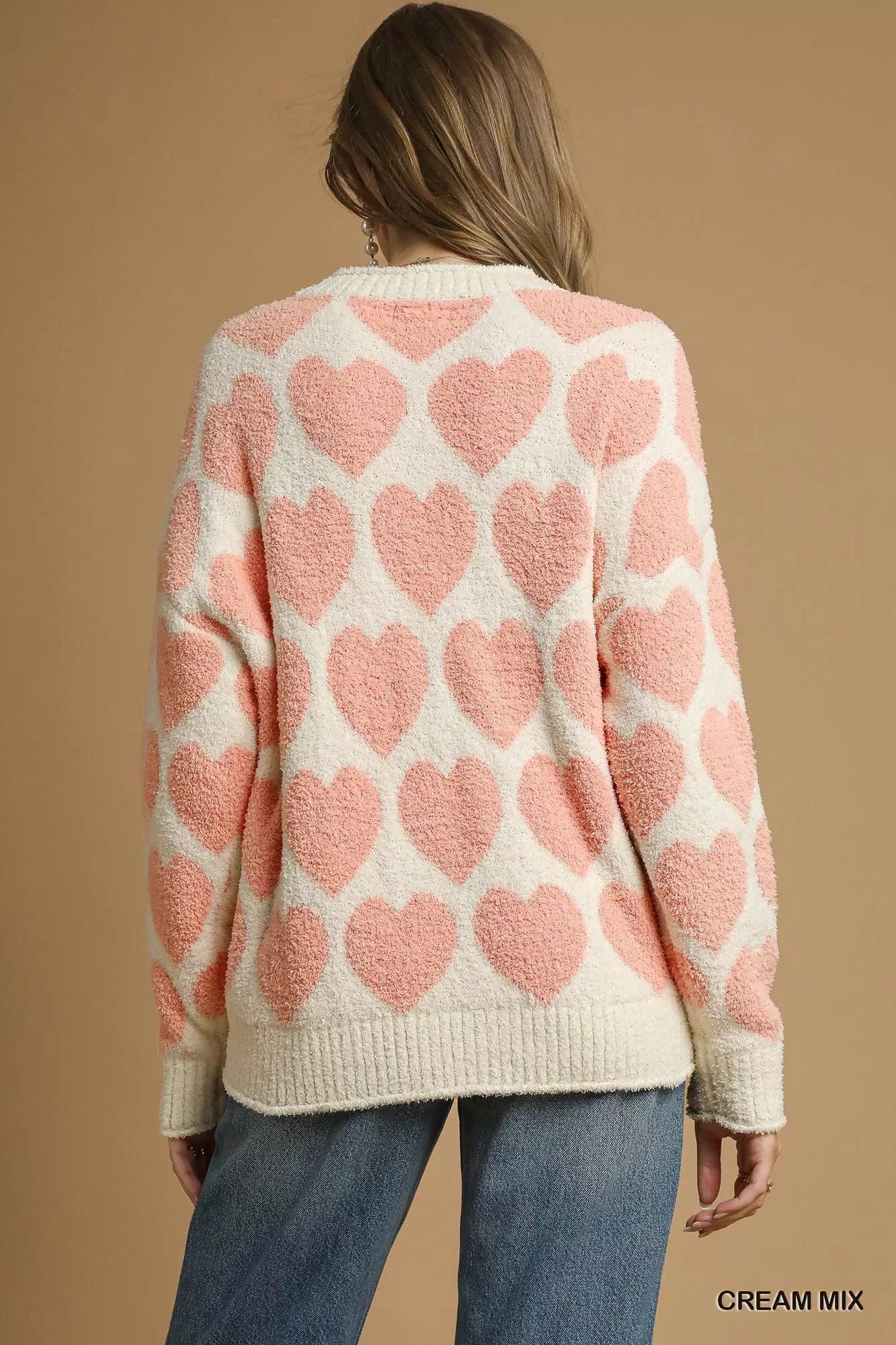 Umgee Mix Heart Pattern Pearl Accent Sweater