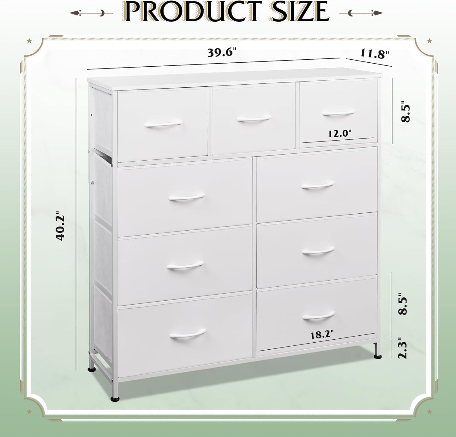 9-Drawer Dresser, Fabric Storage Tower for Bedroom, Hallway, Closet, Tall Chest Organizer Unit for Bedroom with Fabric Bins, Steel Frame, Wood Top, Easy Pull Handle, White-2