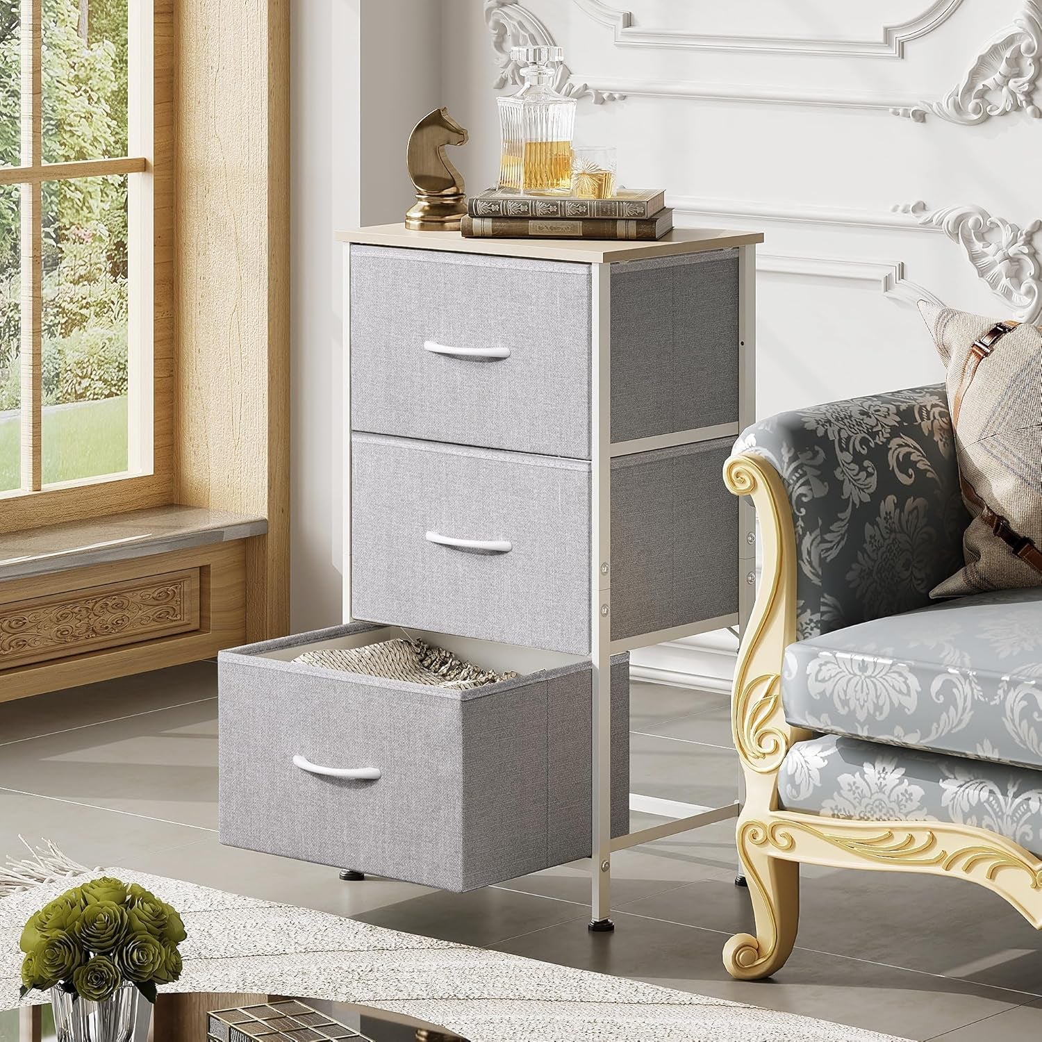 Nightstand with 3 Drawers, Fabric Dresser, Organizer Unit, Storage Dresser for Bedroom, Hallway, Entryway, Closets, Sturdy Steel Frame, Wood Top, Easy Pull Handle, Light Grey-3
