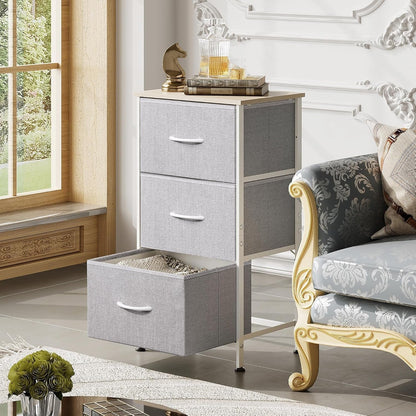 Nightstand with 3 Drawers, Fabric Dresser, Organizer Unit, Storage Dresser for Bedroom, Hallway, Entryway, Closets, Sturdy Steel Frame, Wood Top, Easy Pull Handle, Light Grey-3
