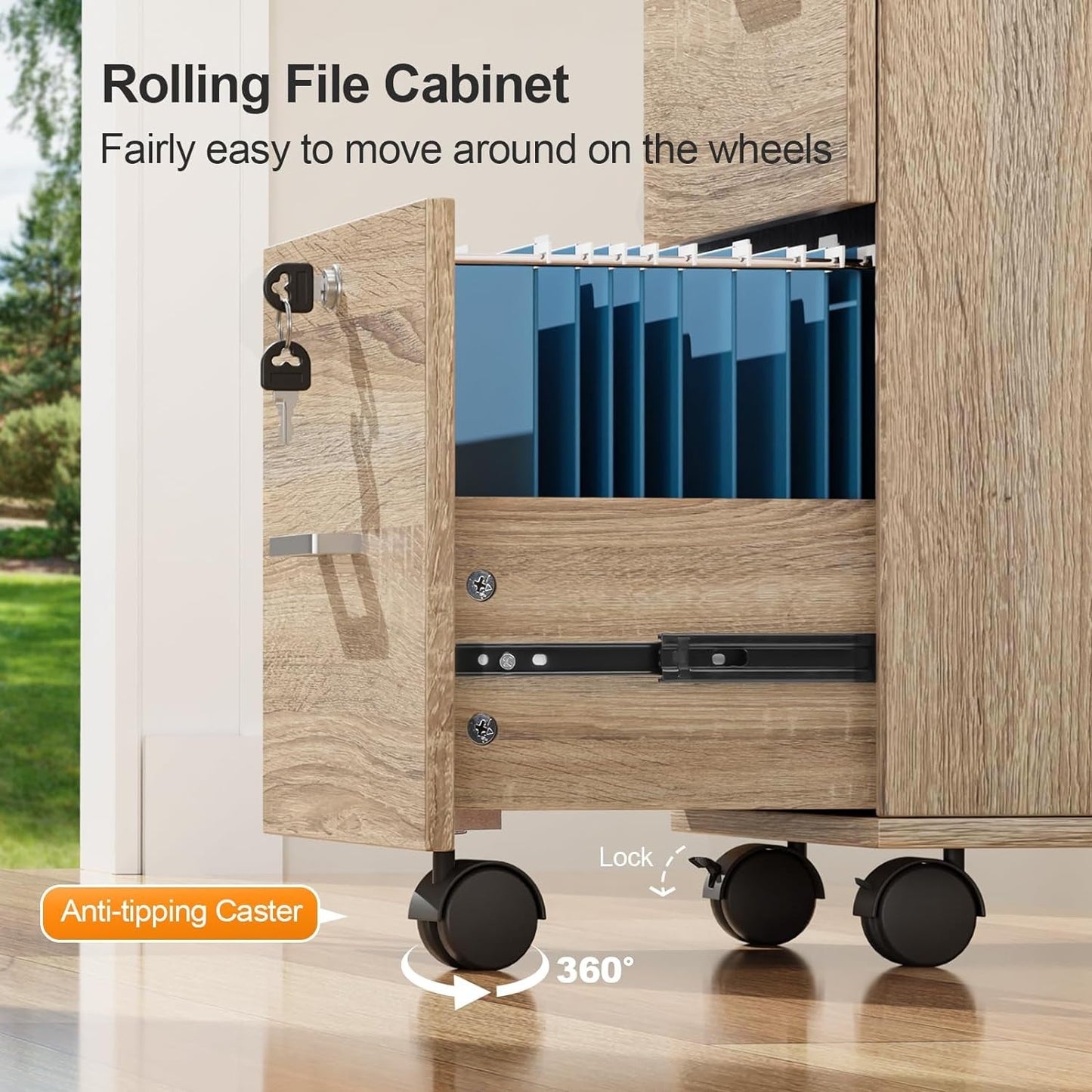 3-Drawer File Cabinet with Lock, Wood Rolling File Cabinet under Desk File Cabinets for Home Office, Mobile Printer Stand & File Cabinet for Letter Sized Files, 26" H(Caster Included), Oak-4