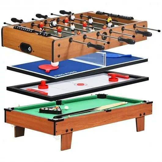 4-in-1 Combo Game Table Set Foosball Table with Billiards and Hockey - Color:Brown - Game Room