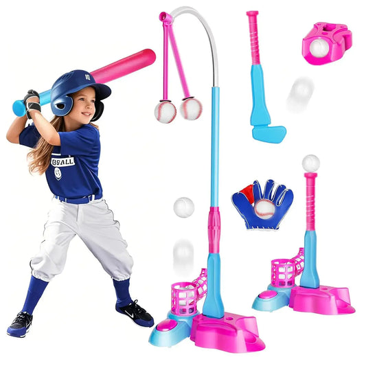 Child’s baseball set with tee ball bat, pitching machine, baseball gloves, and ground stakes