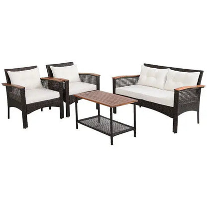 4 Pieces Patio Rattan Acacia Wood Furniture Set with Cushions and Armrest - Color:Espresso - Patio Conversation Set
