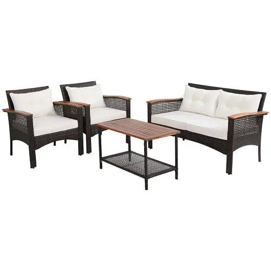 4 Pieces Patio Rattan Acacia Wood Furniture Set with Cushions and Armrest - Color:Espresso - Patio Conversation Set