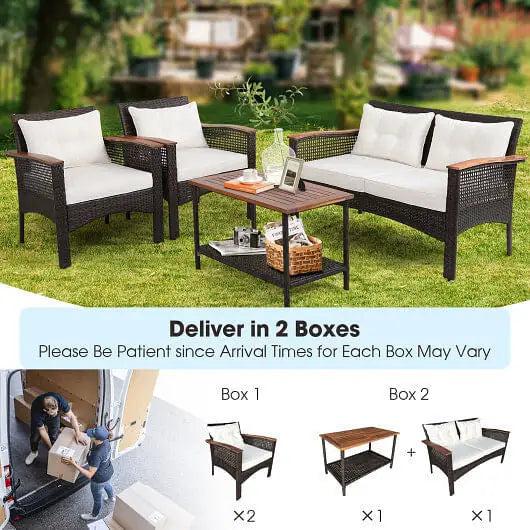 4 Pieces Patio Rattan Acacia Wood Furniture Set with Cushions and Armrest - Color:Espresso - Patio Conversation Set