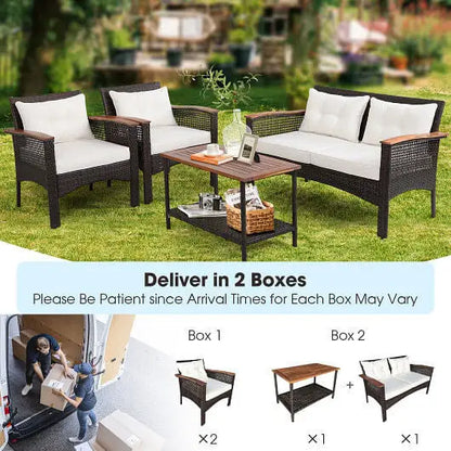 4 Pieces Patio Rattan Acacia Wood Furniture Set with Cushions and Armrest - Color:Espresso - Patio Conversation Set