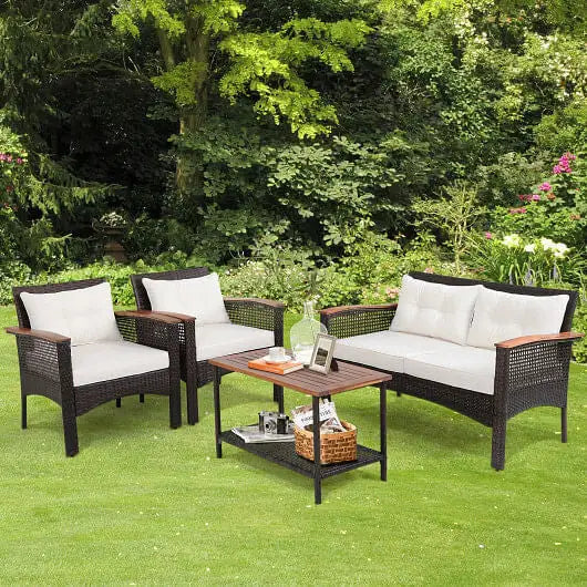 4 Pieces Patio Rattan Acacia Wood Furniture Set with Cushions and Armrest - Color:Espresso - Patio Conversation Set
