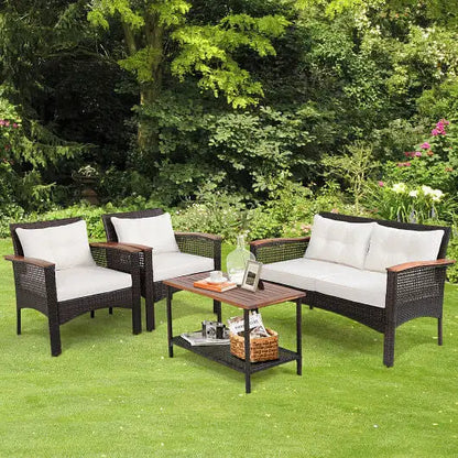 4 Pieces Patio Rattan Acacia Wood Furniture Set with Cushions and Armrest - Color:Espresso - Patio Conversation Set
