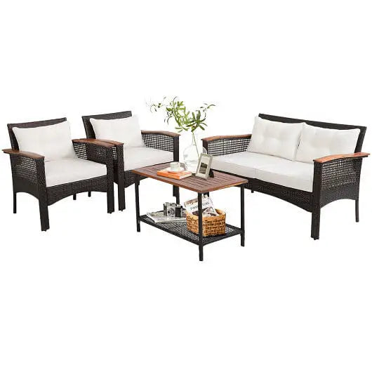 4 Pieces Patio Rattan Acacia Wood Furniture Set with Cushions and Armrest - Color:Espresso - Patio Conversation Set