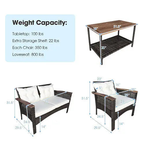 4 Pieces Patio Rattan Acacia Wood Furniture Set with Cushions and Armrest - Color:Espresso - Patio Conversation Set