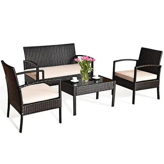 4 Pieces Patio Ratten Conversation Set with Loveseat Sofas and Coffee Table - Color:Multicolor - Patio Conversation Set