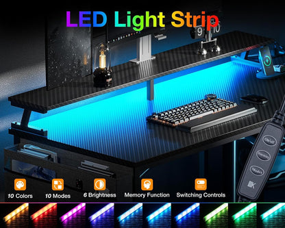 40 Inch Gaming Desk with USB Power Outlets and LED Lights, Reversible L Shaped Computer Desk with Storage Shelves & Monitor Stand, Corner Home Office Desk Table, Carbon Fiber Surface, Black-3