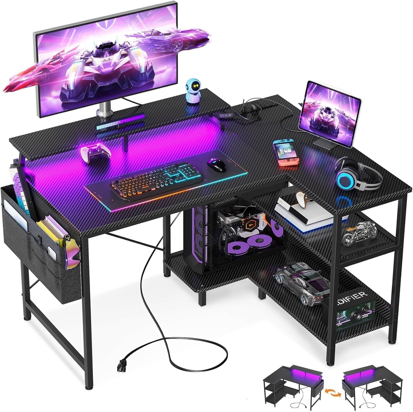 40 Inch Gaming Desk with USB Power Outlets and LED Lights, Reversible L Shaped Computer Desk with Storage Shelves & Monitor Stand, Corner Home Office Desk Table, Carbon Fiber Surface, Black-0