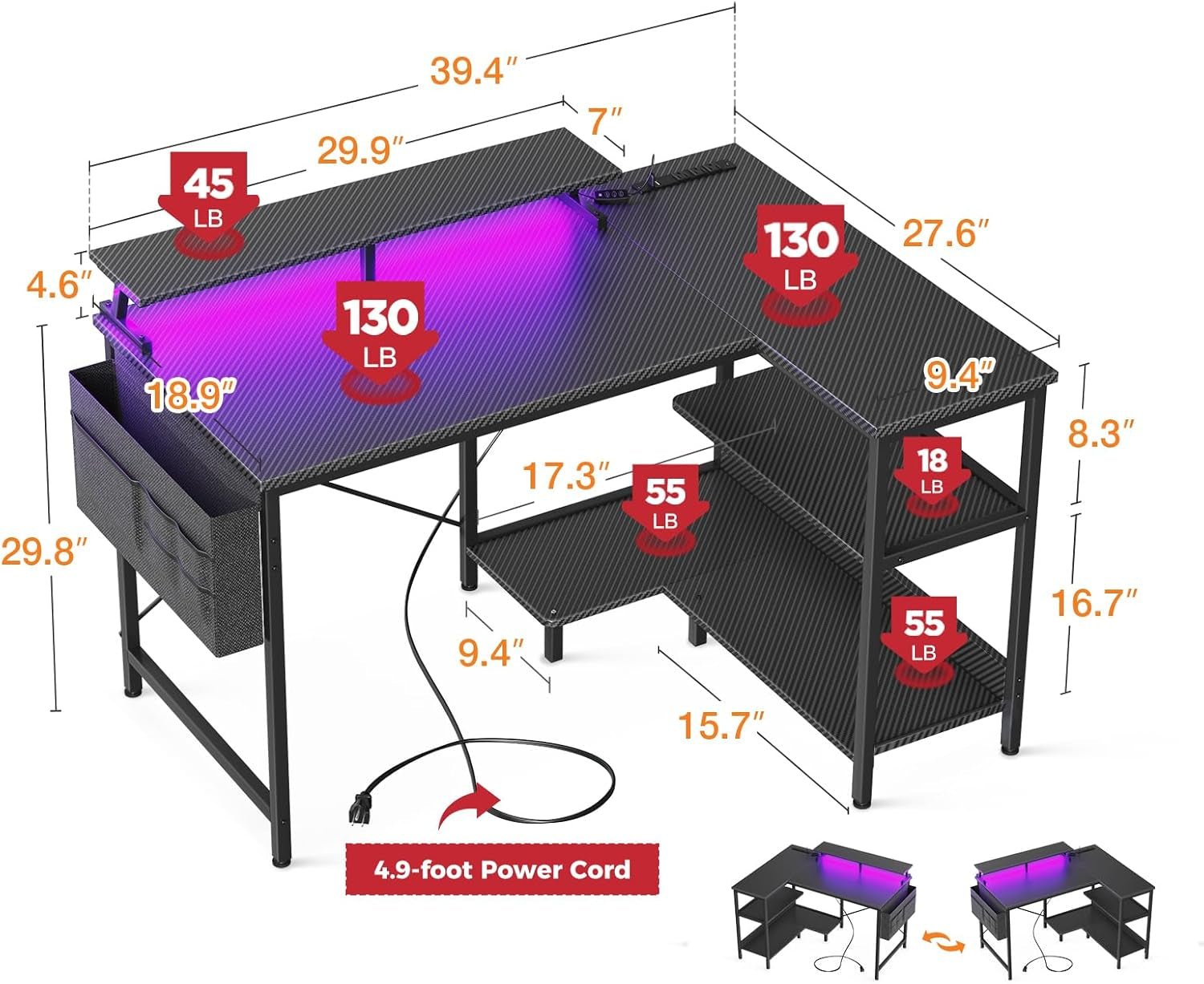 40 Inch Gaming Desk with USB Power Outlets and LED Lights, Reversible L Shaped Computer Desk with Storage Shelves & Monitor Stand, Corner Home Office Desk Table, Carbon Fiber Surface, Black-2