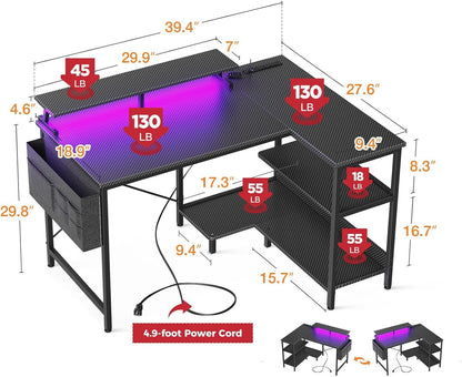 40 Inch Gaming Desk with USB Power Outlets and LED Lights, Reversible L Shaped Computer Desk with Storage Shelves & Monitor Stand, Corner Home Office Desk Table, Carbon Fiber Surface, Black-2