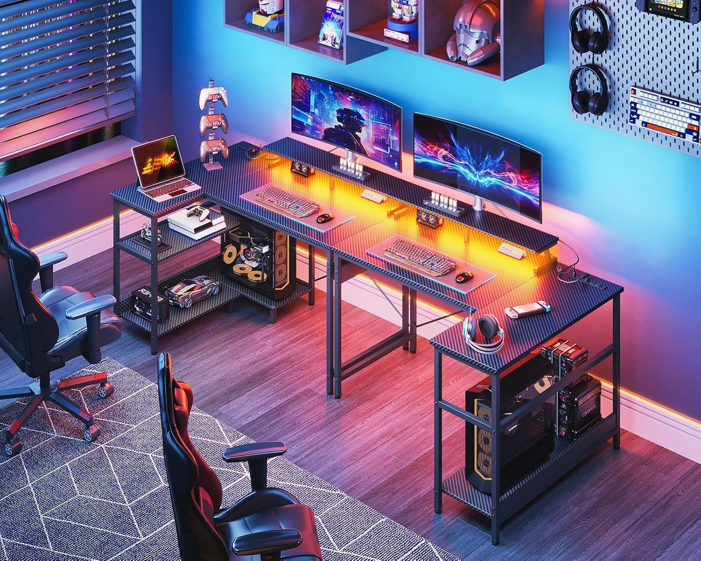 40 Inch Gaming Desk with USB Power Outlets and LED Lights, Reversible L Shaped Computer Desk with Storage Shelves & Monitor Stand, Corner Home Office Desk Table, Carbon Fiber Surface, Black-1