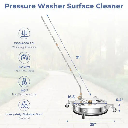 4000PSI Pressure Washer Surface Cleaner Stainless Steel with Casters - Color:Silver - Pressure Washer