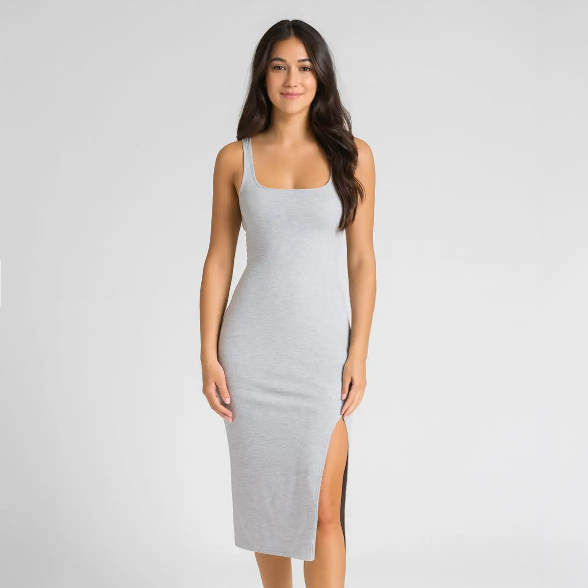Light gray women’s bodycon dress with high slit and square neckline for elegant style
