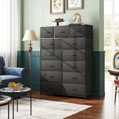 Tall Dresser for Bedroom with 13 Drawers, Storage Dresser Organizer Unit, Fabric Dresser for Bedroom, Closet, Chest of Drawers with Fabric Bins, Steel Frame, Wood Top, Charcoal Black-1