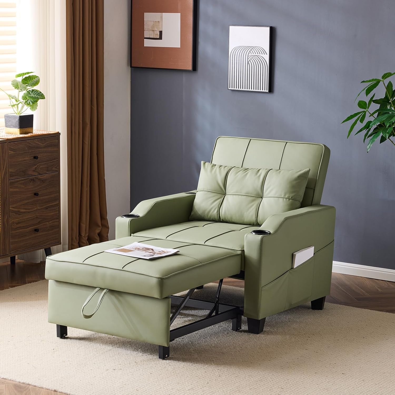 Sofa Bed Chair Recliner, 3-In-1 Convertible Sleeper Sofa Chair Bed Green Daybed Pull Out Couch Bed with Adjustable Backrest, USB Ports, Cup Holders for Small Spaces Living Room-0