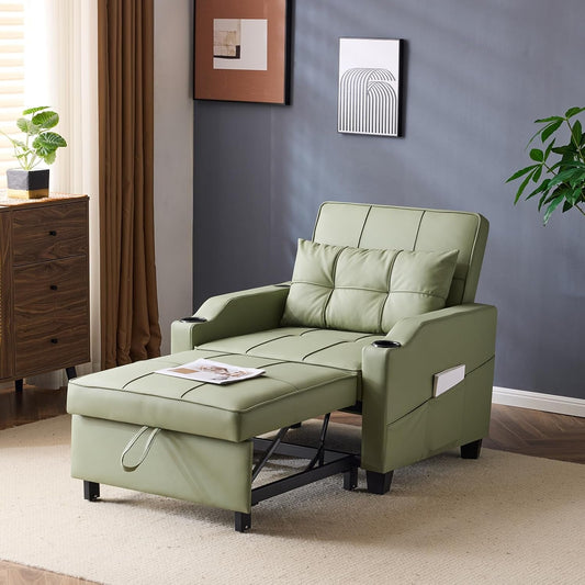 Sofa Bed Chair Recliner, 3-In-1 Convertible Sleeper Sofa Chair Bed Green Daybed Pull Out Couch Bed with Adjustable Backrest, USB Ports, Cup Holders for Small Spaces Living Room-0