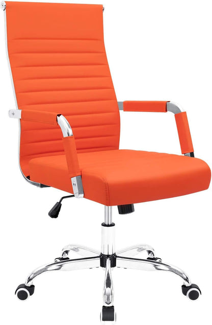 Ribbed Office Desk Chair Mid-Back Leather Executive Conference Task Chair Adjustable Swivel Chair with Arms (Orange)-0