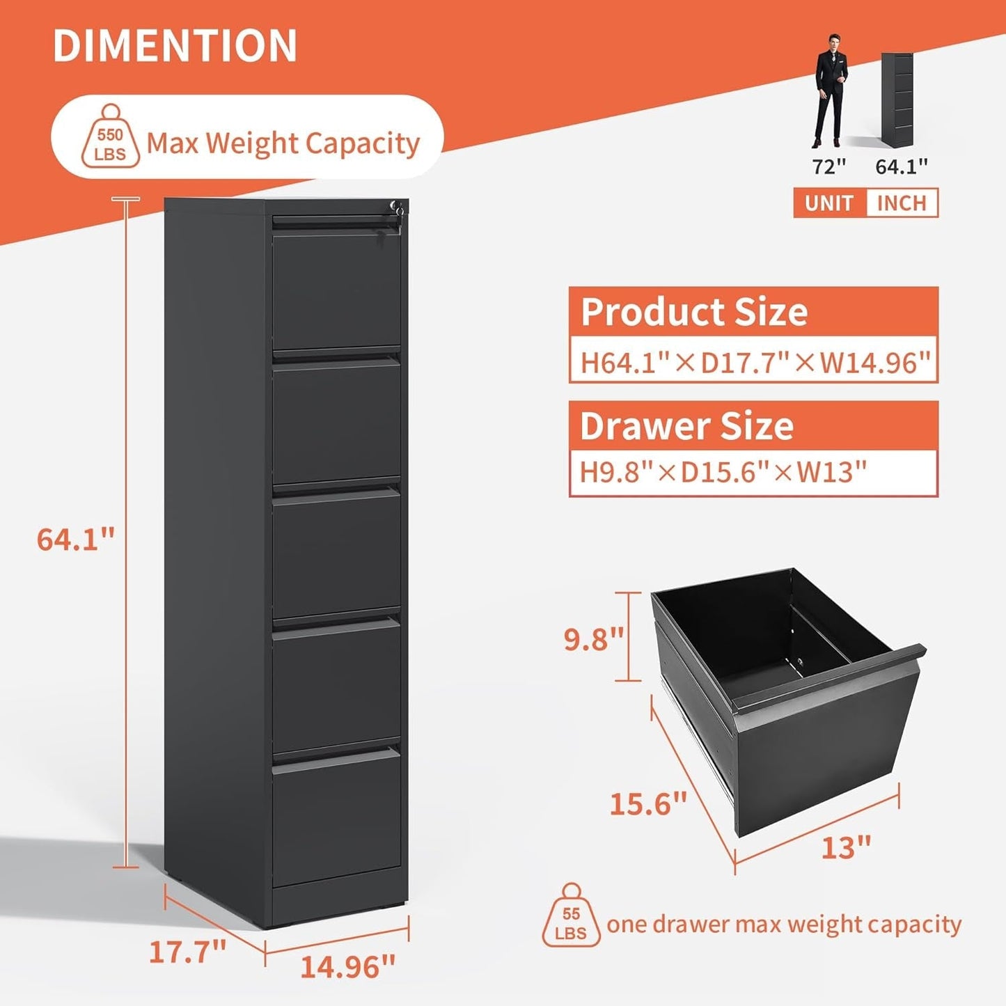 5 Drawer File Cabinet,Metal Filing Cabinets for Home Office,Vertical File Cabinet with Lock,Heavy Duty Metal Storage Cabinet for A4/Letter/Legal Size Files,Assembly Required-2