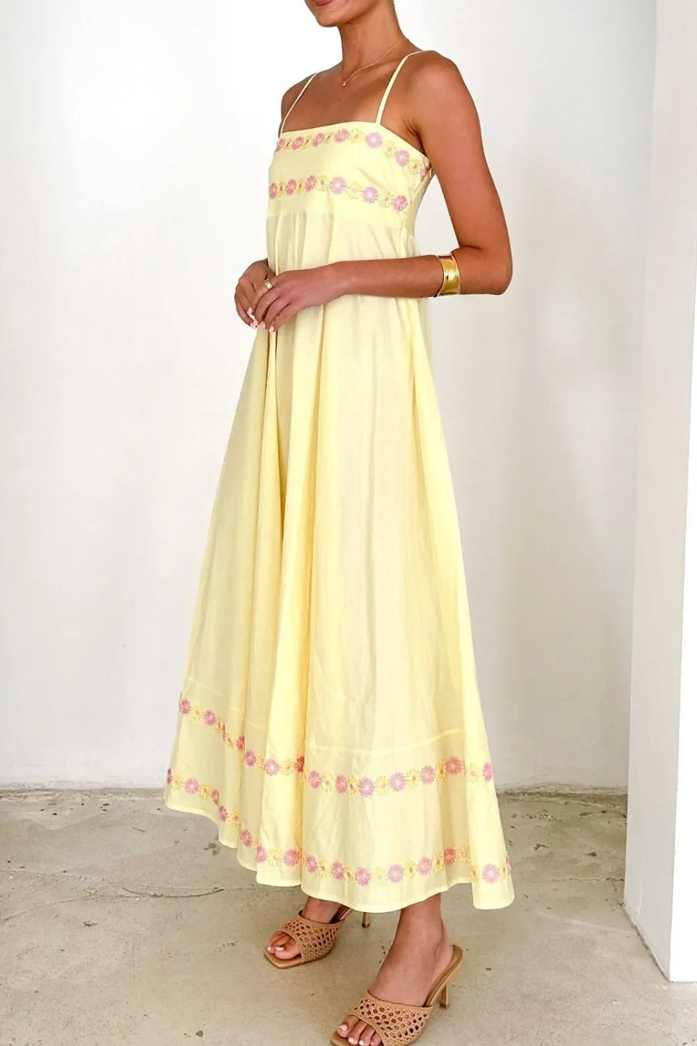 Floral Embroidered Spaghetti Strap Maxi Dress, Blue, Pink or Yellow  SM/MED/LG