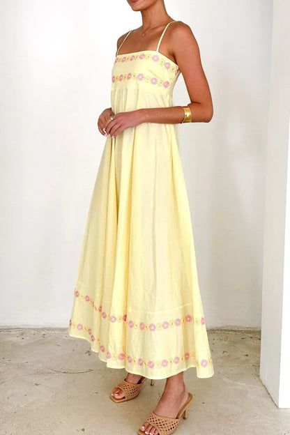 Floral Embroidered Spaghetti Strap Maxi Dress, Blue, Pink or Yellow  SM/MED/LG