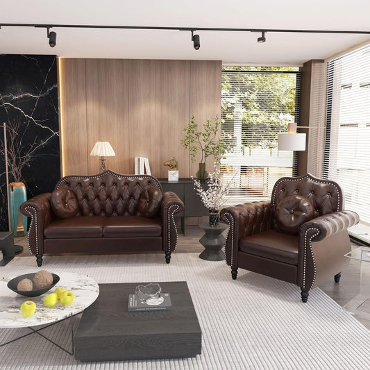 2 Piece Living Room Set, Mid-Century Modern Upholstered Chesterfield Chair Loveseat with Tufted Button and Pillows, Upholstered PU Leather Sofa Couch for Living Room, Office, Brown-0
