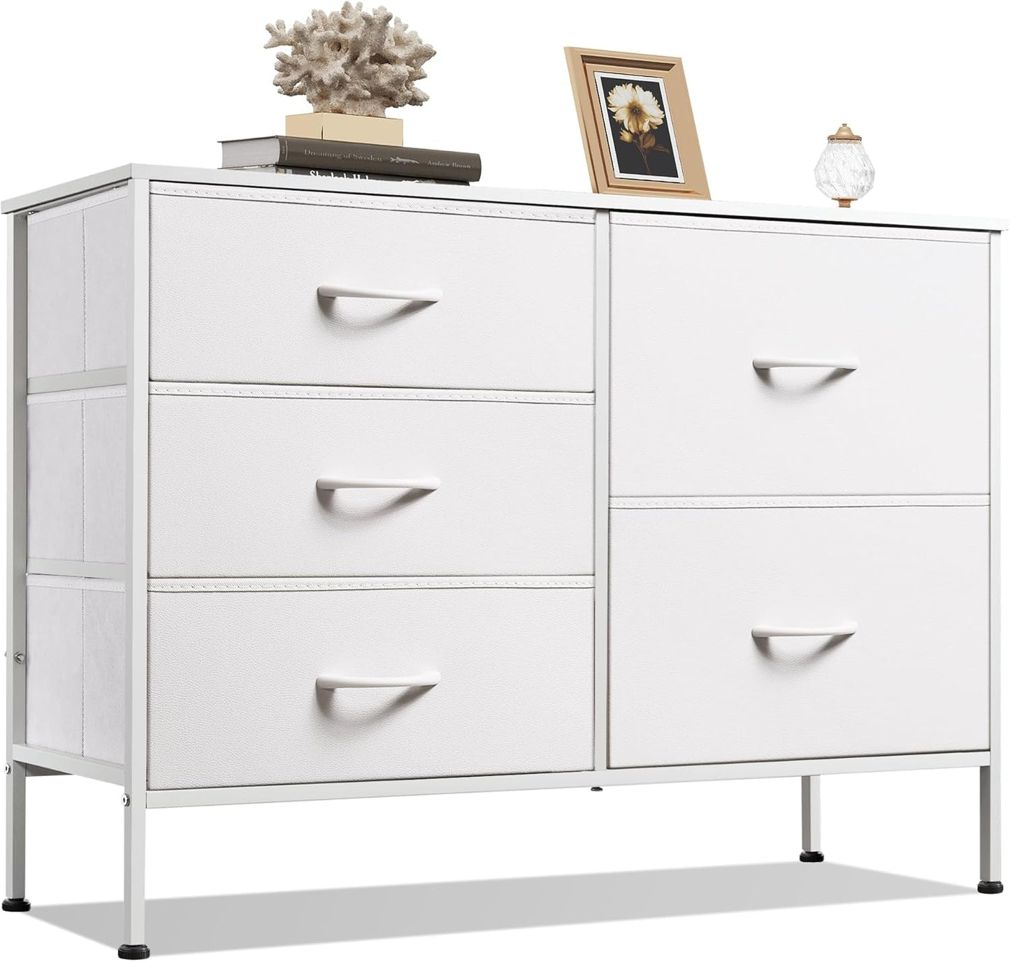 Dresser for Bedroom with 5 Drawers, Wide Bedroom Dresser with Drawer Organizers, Chest of Drawers, Fabric Dresser for Living Room, Closet, Hallway, White-0