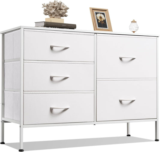 Dresser for Bedroom with 5 Drawers, Wide Bedroom Dresser with Drawer Organizers, Chest of Drawers, Fabric Dresser for Living Room, Closet, Hallway, White-0