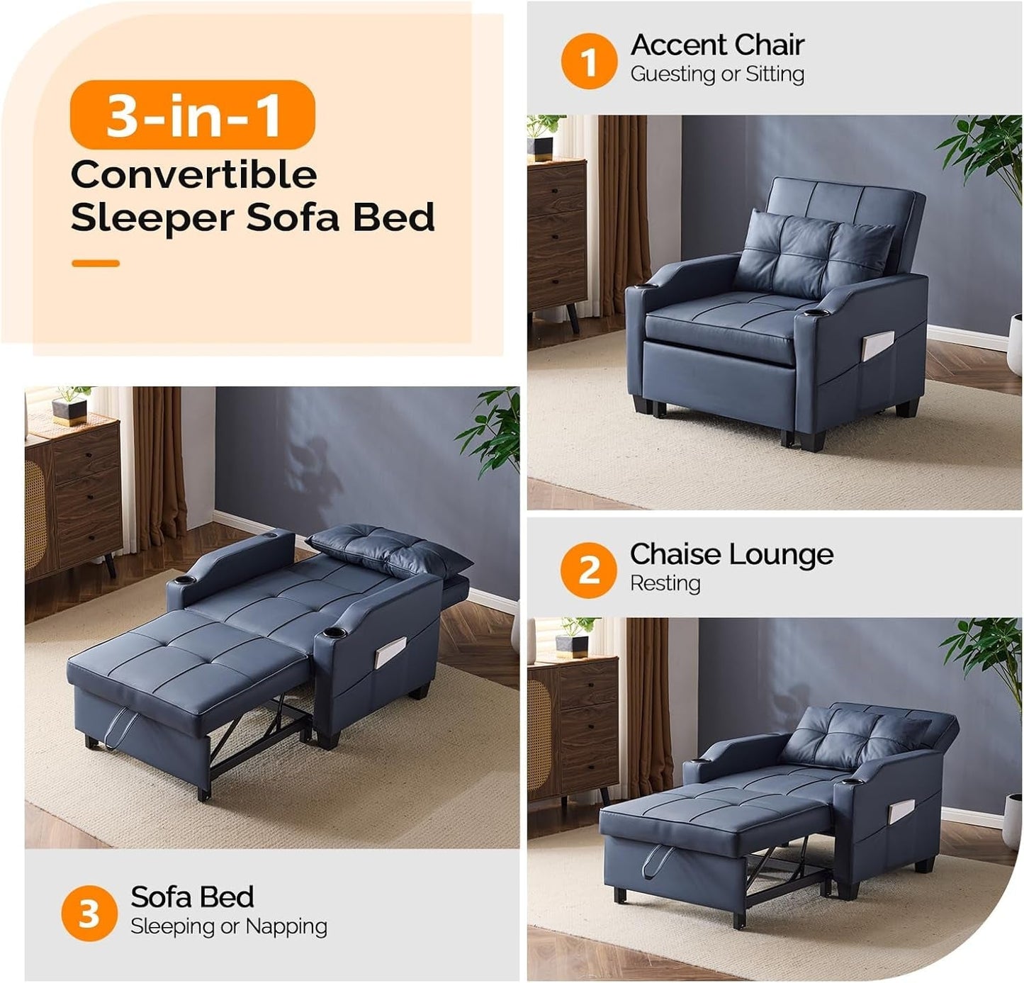 Sofa Bed Chair Recliner, 3-In-1 Convertible Sleeper Sofa Chair Bed Blue Daybed Pull Out Couch Bed with Adjustable Backrest, USB Ports, Cup Holders for Small Spaces Living Room-3