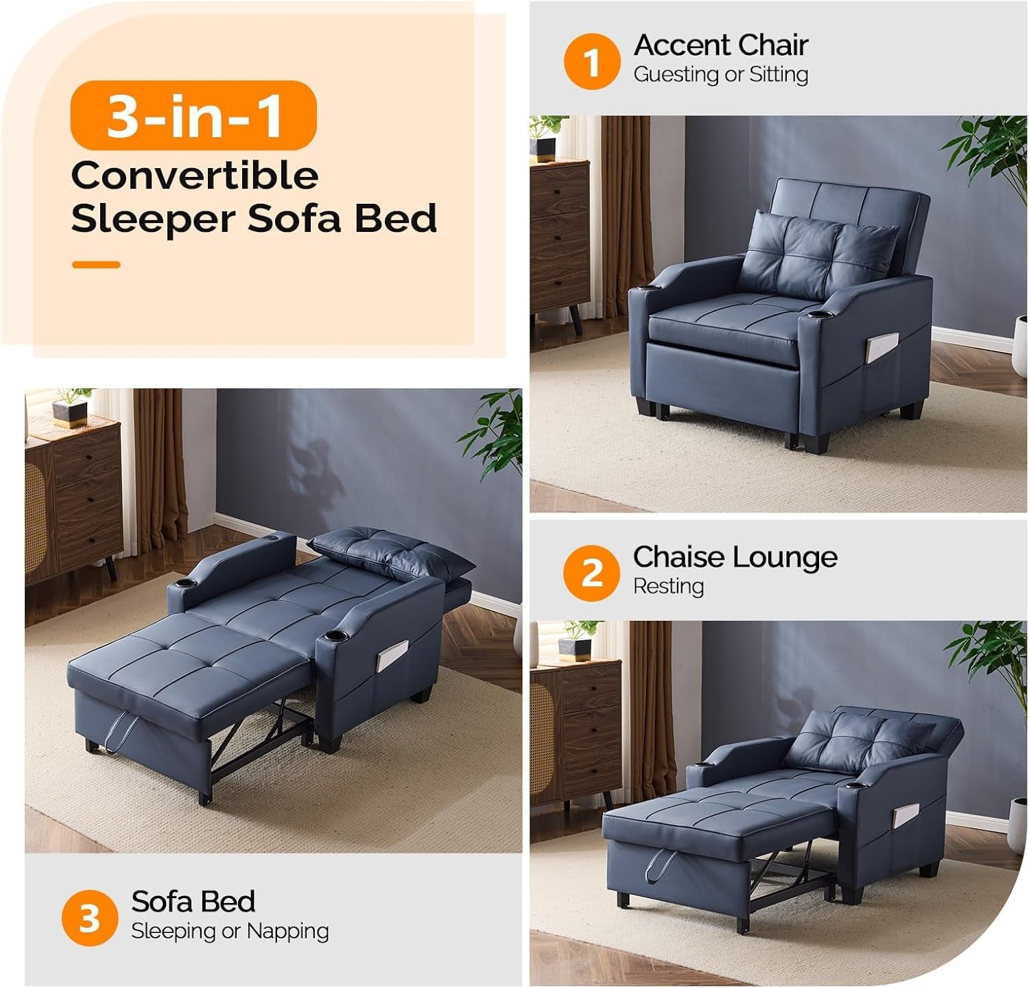 Sofa Bed Chair Recliner, 3-In-1 Convertible Sleeper Sofa Chair Bed Blue Daybed Pull Out Couch Bed with Adjustable Backrest, USB Ports, Cup Holders for Small Spaces Living Room-3