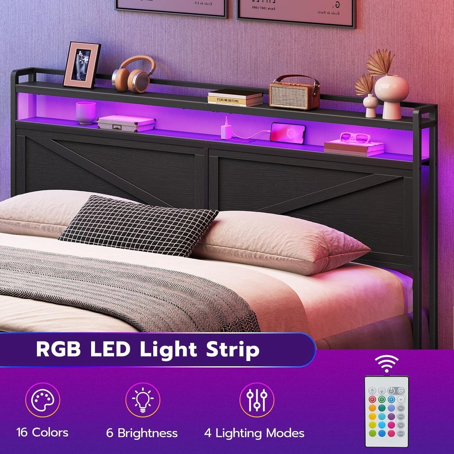 King Size Headboard with Charging Station and LED Lights-1