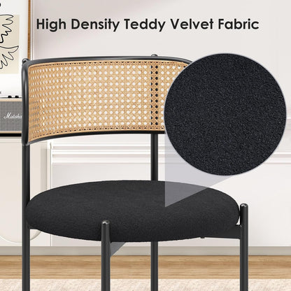 Kitchen Chairs Set of 4, Mid-Century Modern Dining Chairs,Kitchen Dining Room Chairs, Rattan Backrest round Upholstered Sherpa Dining Chairs,Black-4