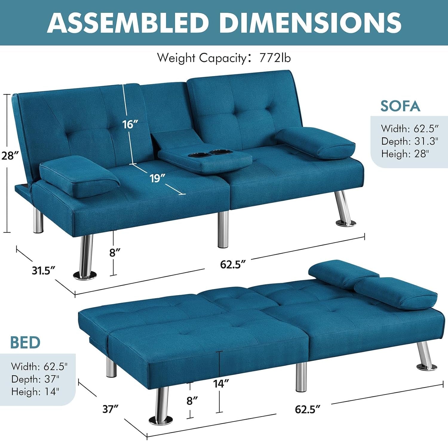 Convertible Sofa Bed Adjustable Fabric Couch Sleeper Modern Recliner Reversible Loveseat Folding Daybed Guest Bed, Removable Armrests, Cup Holders, 3 Angles, 772Lb Capacity, Aqua Blue-2