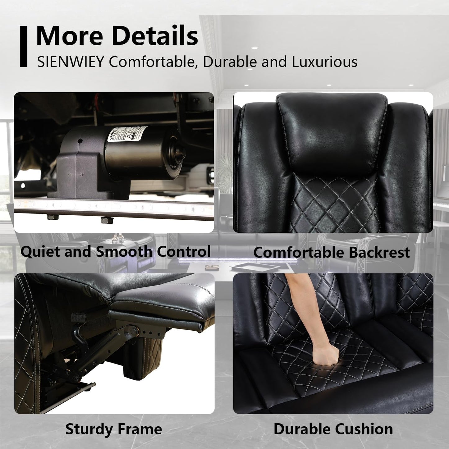Power Black Leather Reclining Sofa Set with LED Light for Living Room Set，Theater Seat Recliner Chair 3 Seats Double Recliner Sofa with Drop-Down Table/Read Light/Wireless Charge/Usb Port-4
