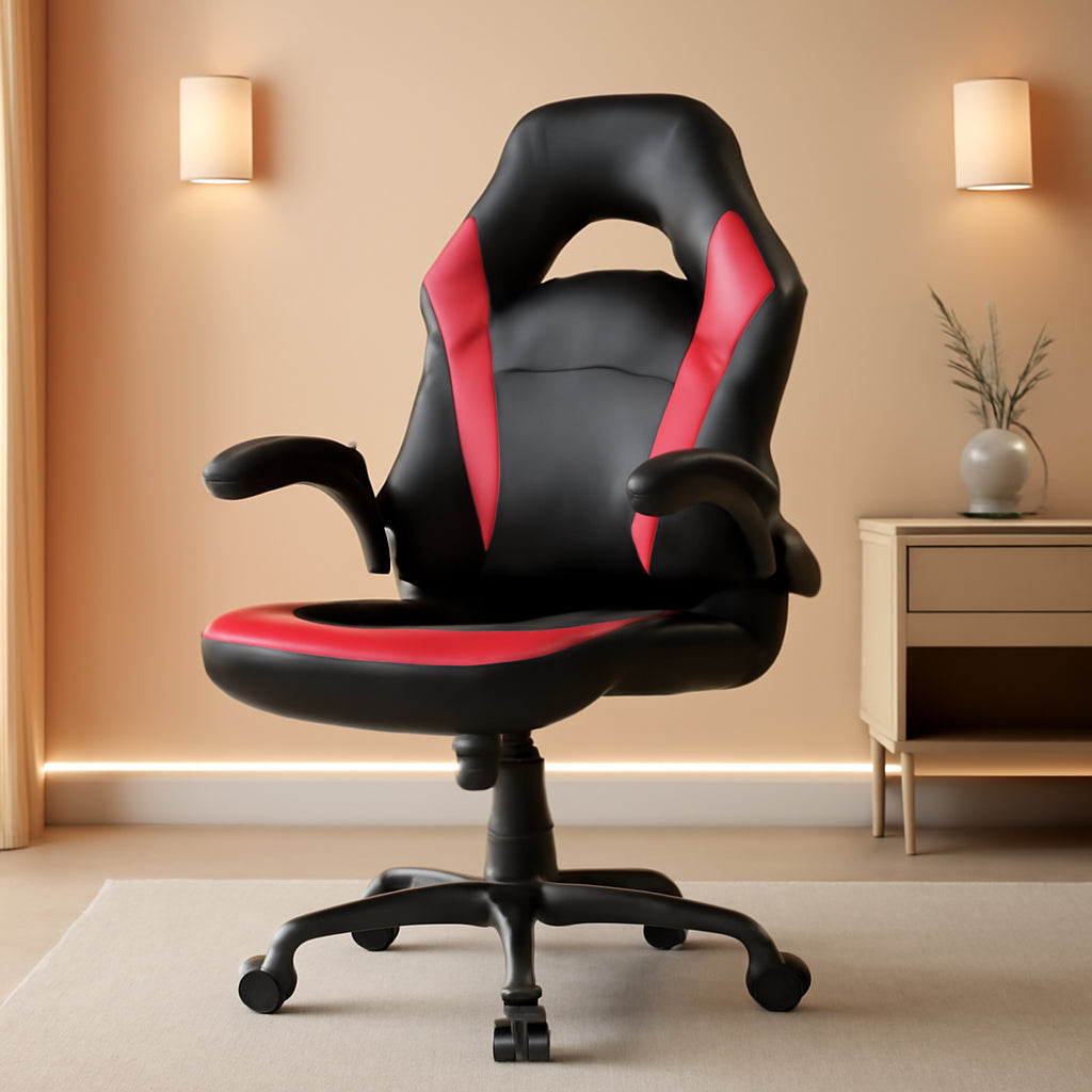 Black Red Gaming Chair, Leather, Flip-Up Arms, Swivel-0