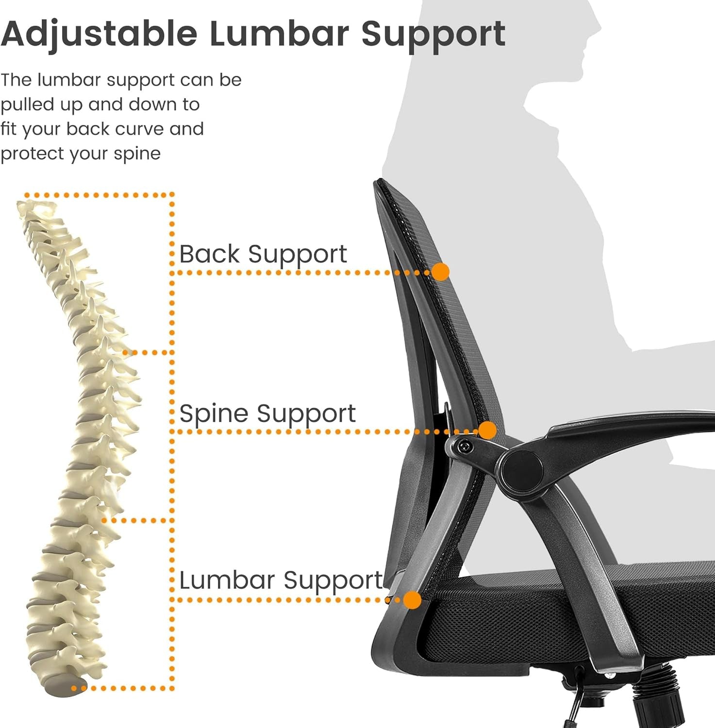 Home Office Chair Work Desk Chair Swivel Computer Mesh Chair with Flip-Up Arms Adjustable Height Lumbar Support Executive Office Task Chair for Home Office Students Study, Black-4