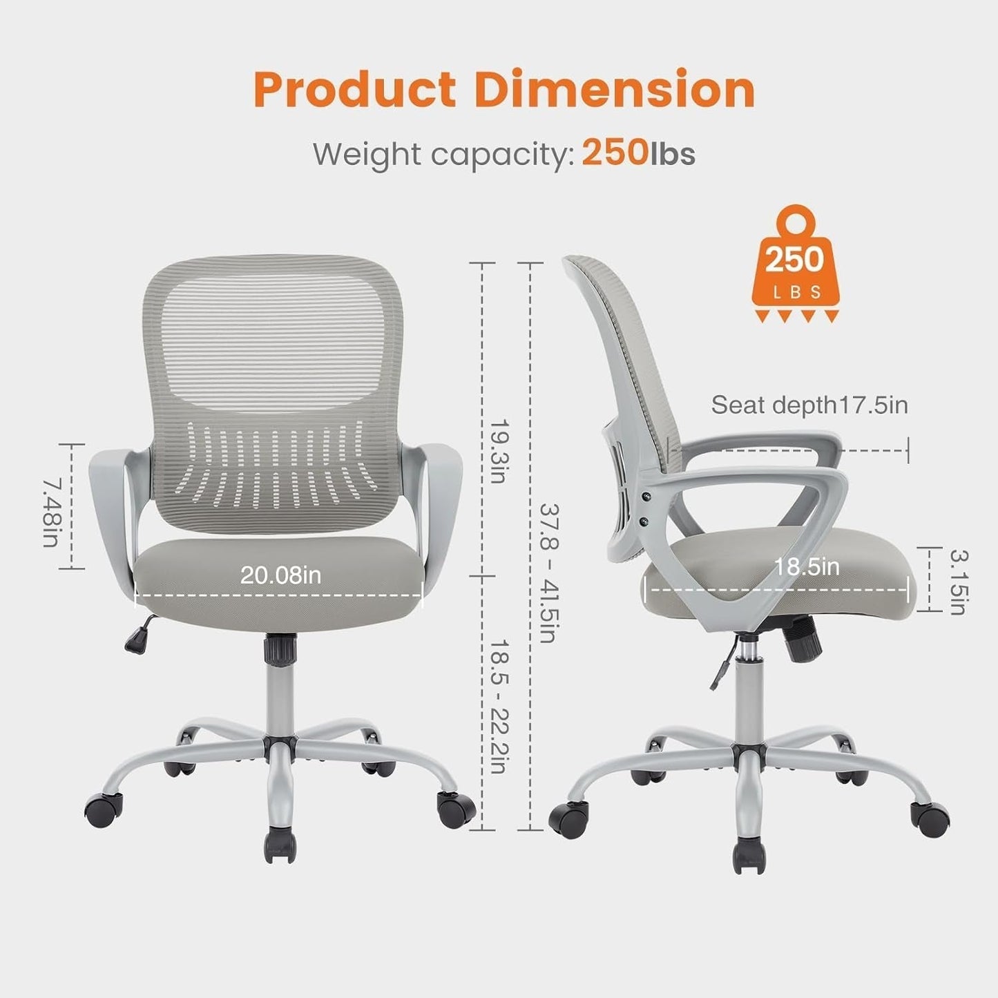 Office Computer Desk Managerial Executive Chair, Ergonomic Mid-Back Mesh Rolling Work Swivel Chairs with Wheels, Comfortable Lumbar Support, Comfy Arms for Home,Bedroom,Study,Student,Grey-2