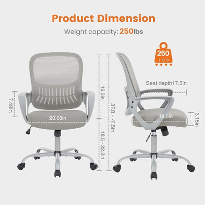 Office Computer Desk Managerial Executive Chair, Ergonomic Mid-Back Mesh Rolling Work Swivel Chairs with Wheels, Comfortable Lumbar Support, Comfy Arms for Home,Bedroom,Study,Student,Grey-2