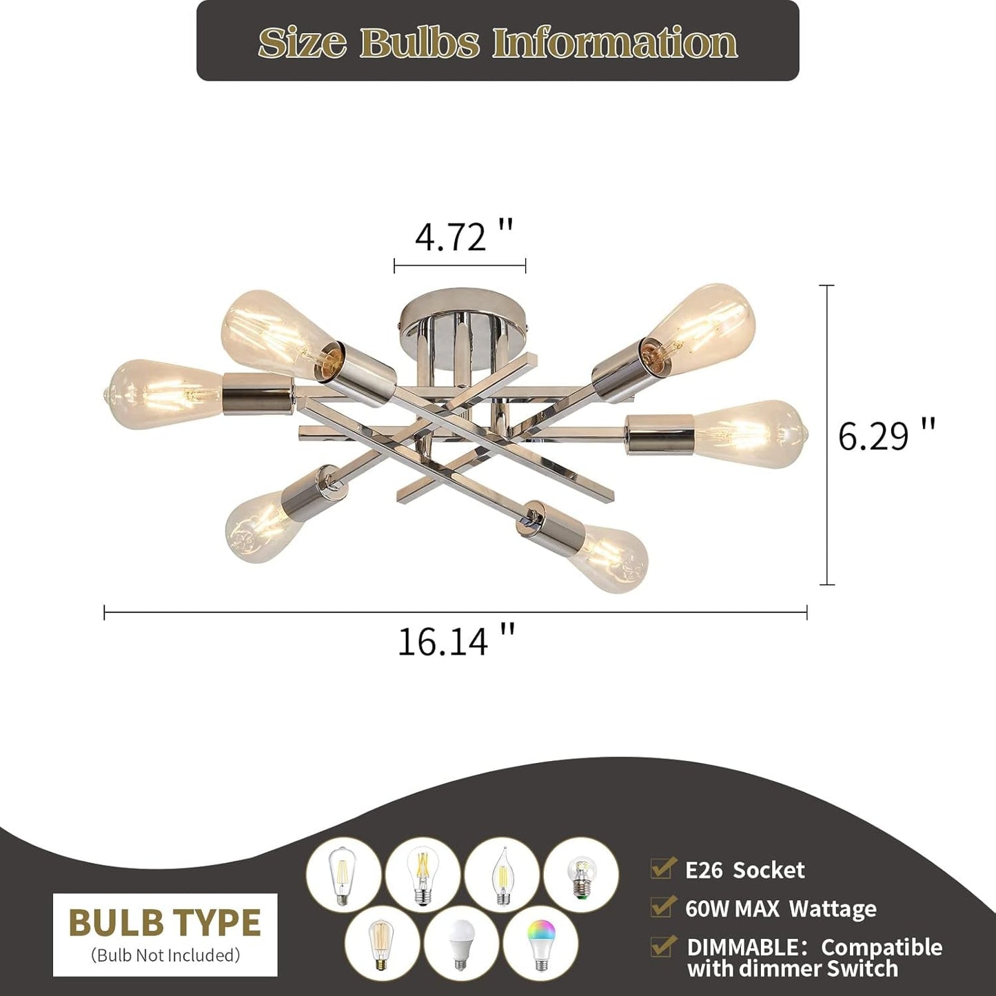 6-Lights Semi Flush Mount Ceiling Light Fixture Modern Chrome Matte Sputnik Chandelier Farmhouse Ceiling Lighting for Kitchen Bedroom Dining Room Living Room-2