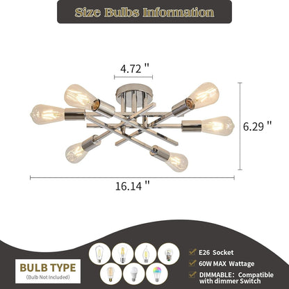 6-Lights Semi Flush Mount Ceiling Light Fixture Modern Chrome Matte Sputnik Chandelier Farmhouse Ceiling Lighting for Kitchen Bedroom Dining Room Living Room-2