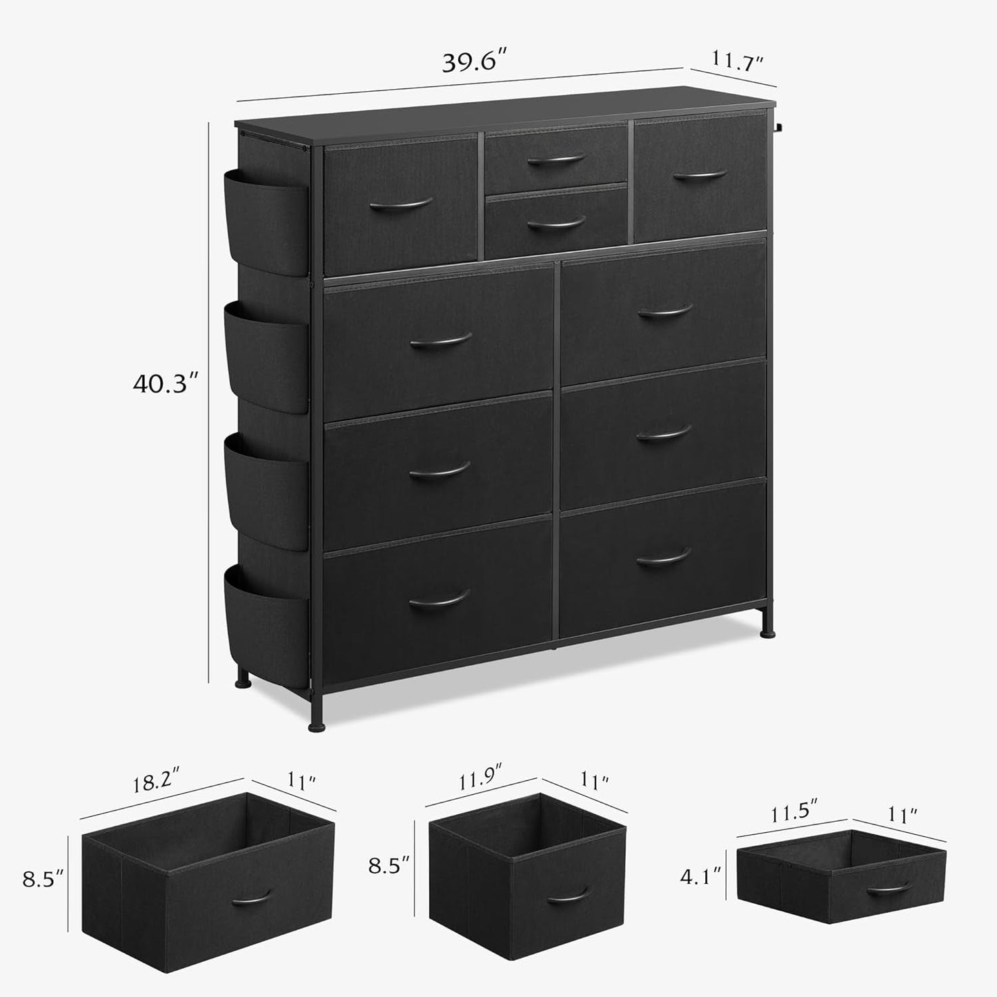 Dresser for Bedroom with 10 Drawers, Fabric Dresser Chest of Drawers with Side Pockets and Hooks, Sturdy Metal Frame, Drawers Organizer Unit for Living Room, Hallway, Black-2